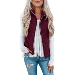 Women's Wine Red Sherpa Fleece Jacket Lightweight Vest Cozy Sleeveless Cardigan